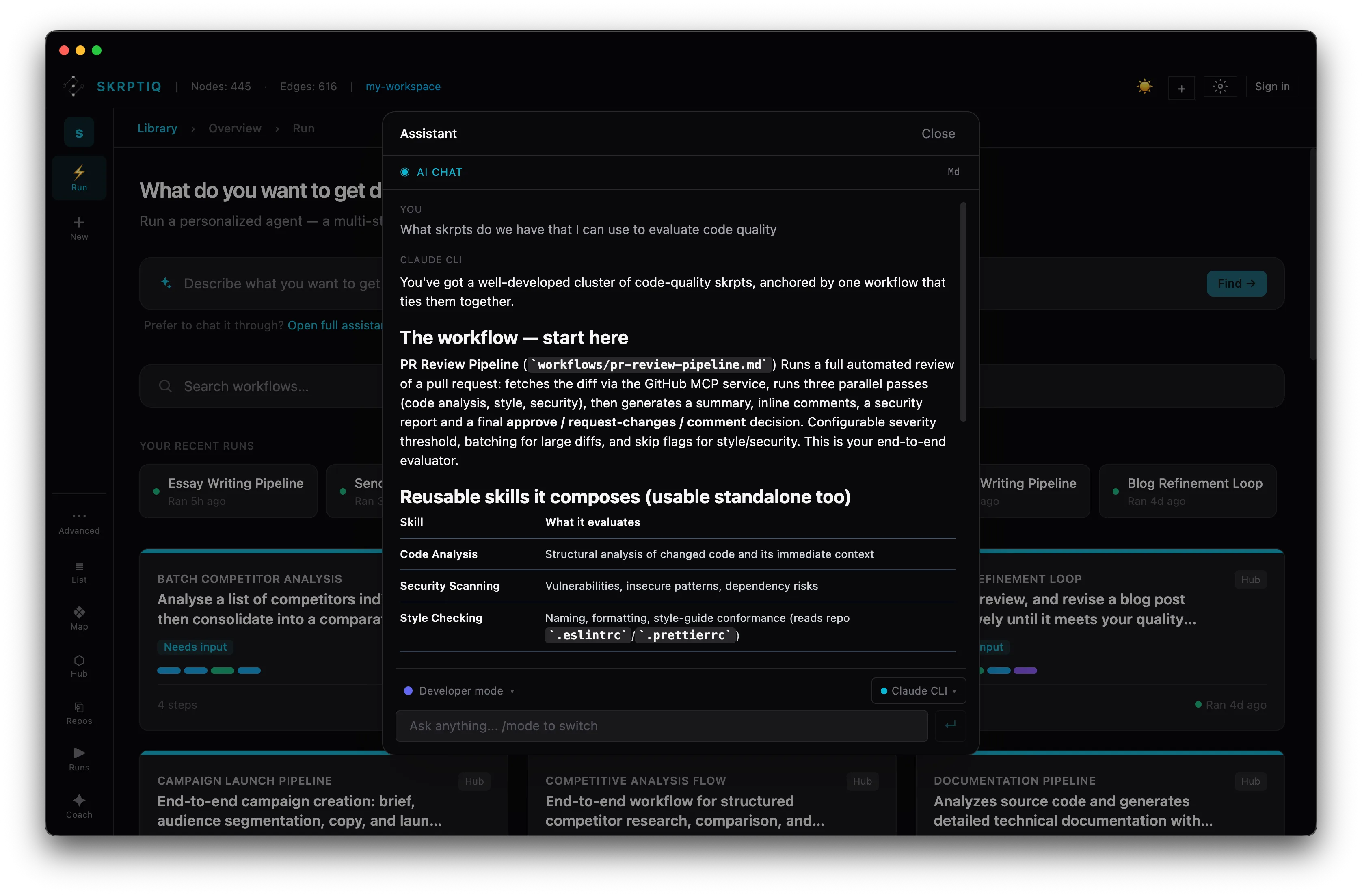 Built-in assistant answering a question about which skrpts to use and how they fit together