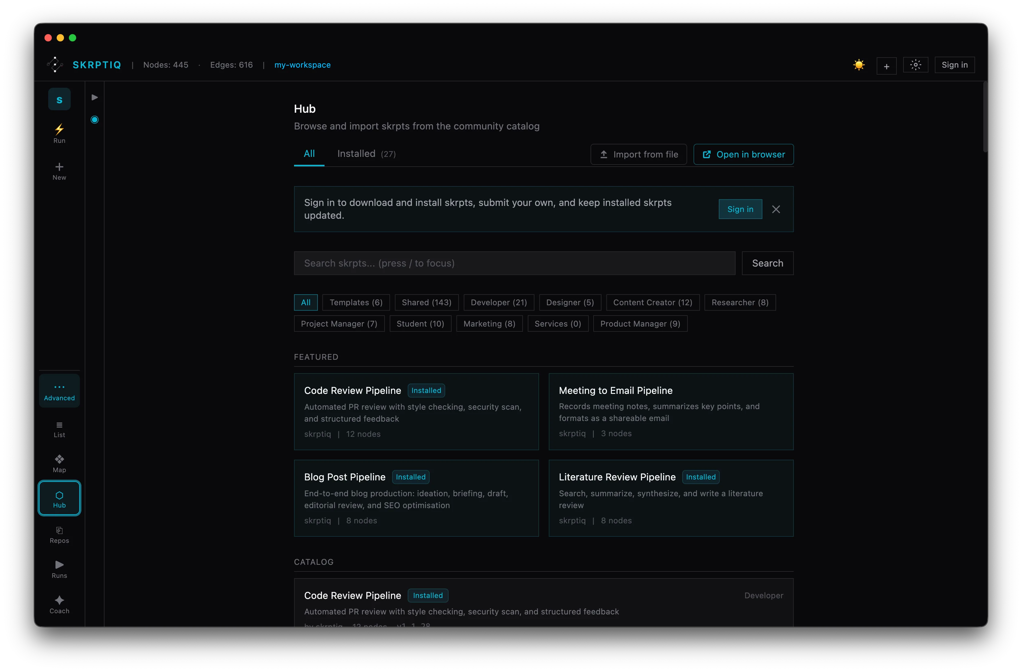 Hub catalog of importable, signed community skrpts organized by category