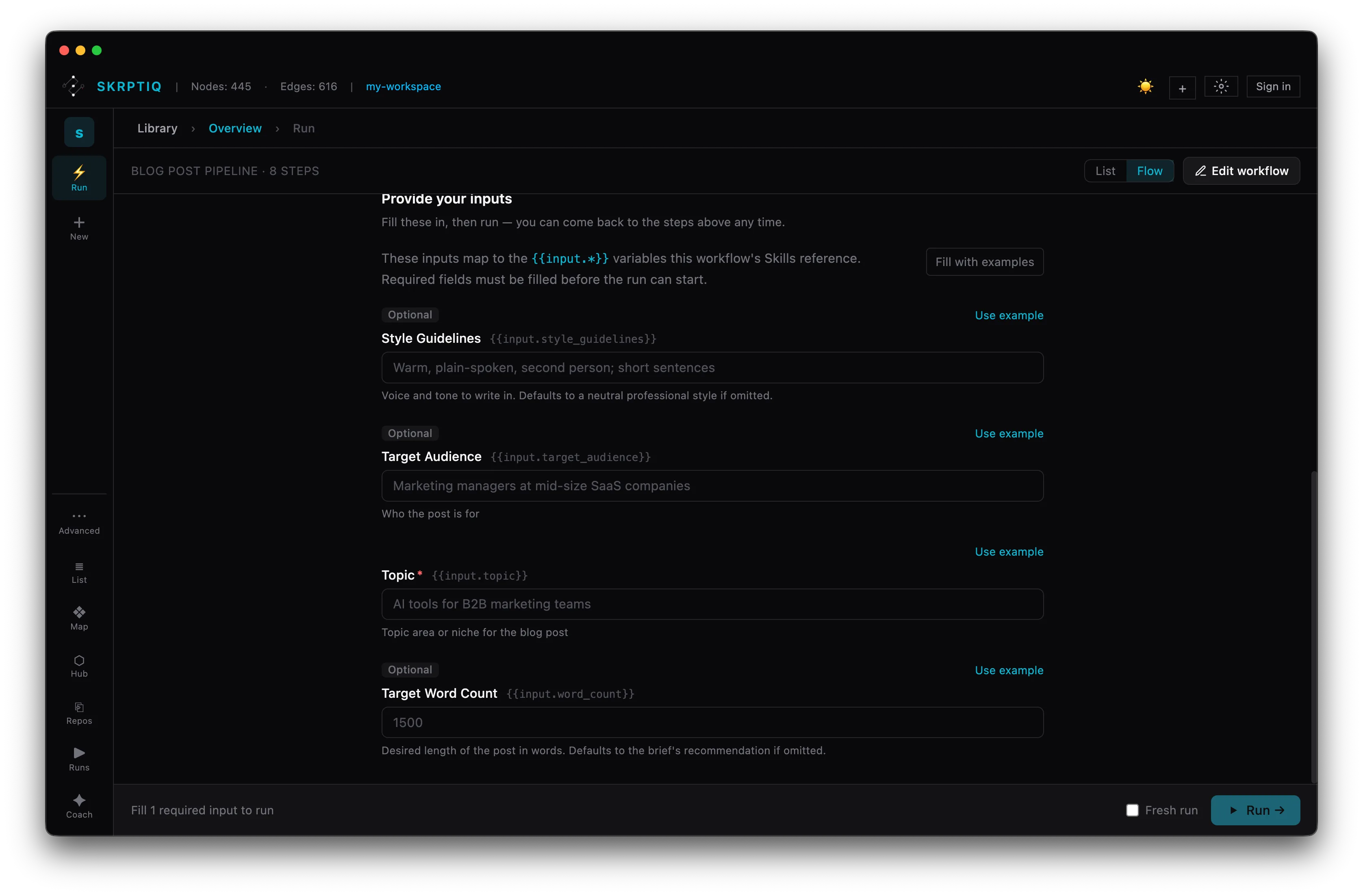 Run inputs screen with typed fields for topic, audience, voice, and word count mapped to workflow variables