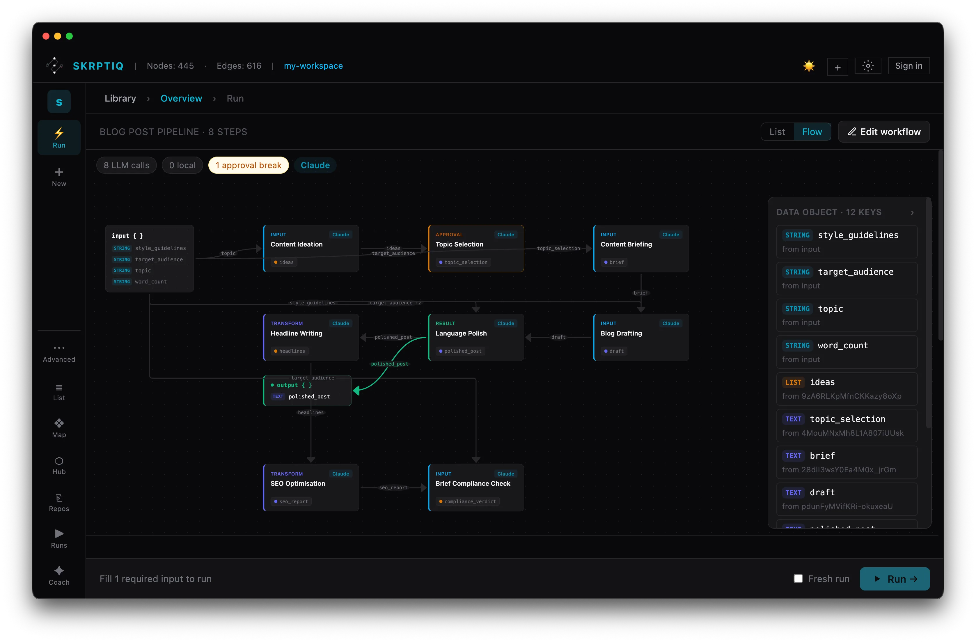 Workflow flow view showing connected specialist steps, model badges, and an approval break